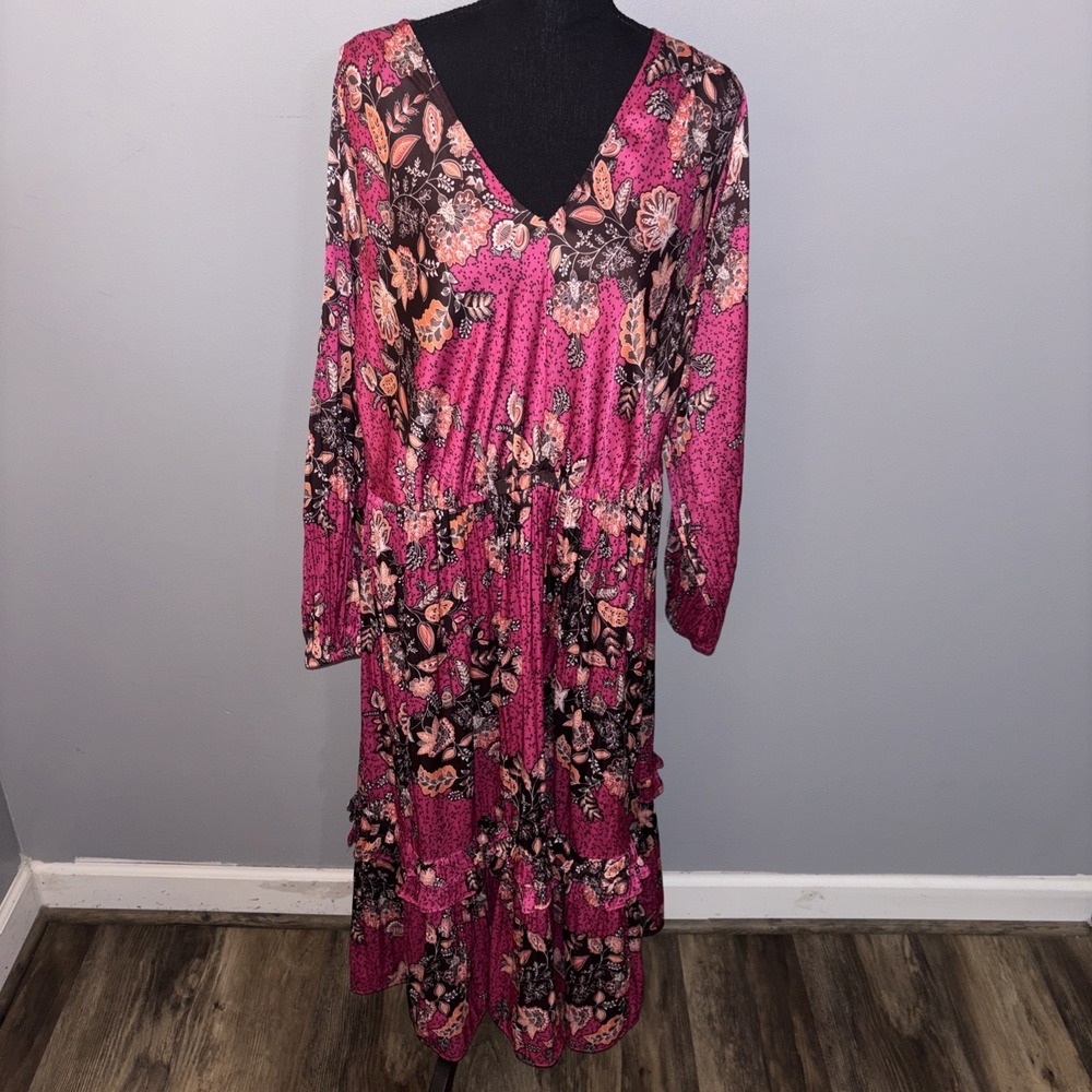 Lane Bryant Magenta Pink Brown Floral Satin Tiered Ruffle Midi Dress Boho Sz 18